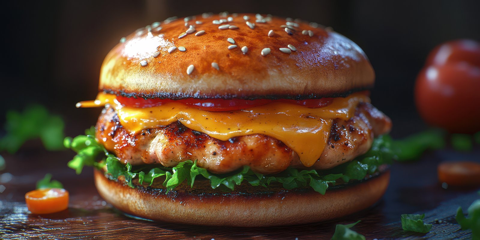 Juicy burger with melted cheese, lettuce, and ketchup served on a toasted sesame seed bun